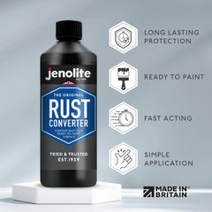 Jenolite rust converter spray on rust demonstrates fast reforming action.
