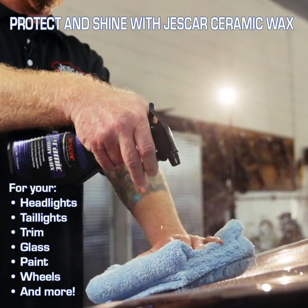 Jescar Ceramic Spray Wax protection scene illustrates long-lasting shield for vehicles.