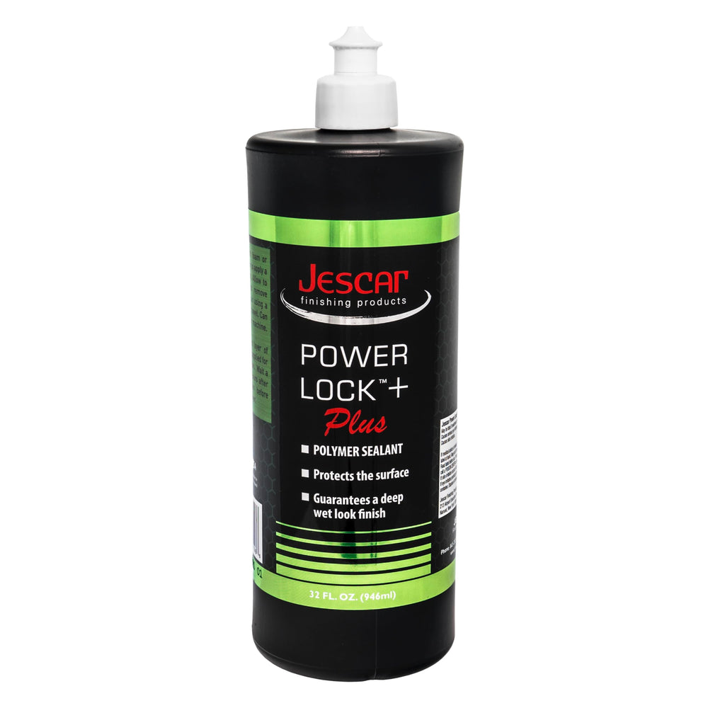 Jescar Power Lock Plus bottle closeup showing durable sealant for long-lasting protection.