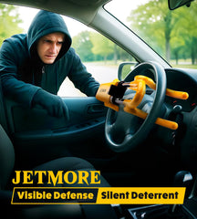 Jetmore steel steering wheel lock with tamper-proof bolts enhances vehicle security.