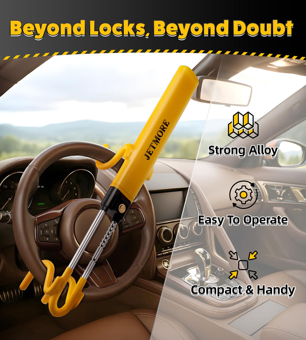 Jetmore steering wheel lock in bright yellow acts as a visible theft deterrent.