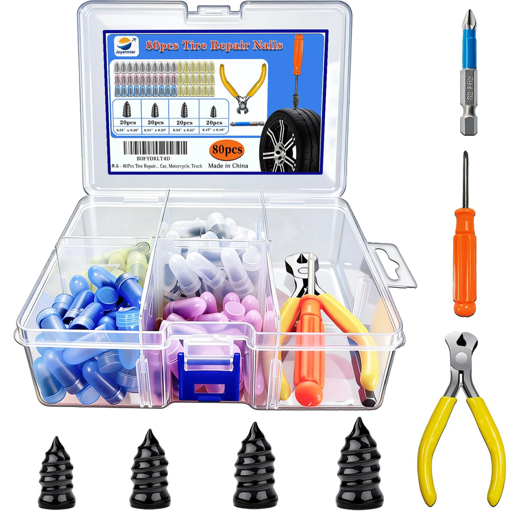 Jeyermier 80Pcs tire repair nails kit with four sizes for fast roadside fixes.