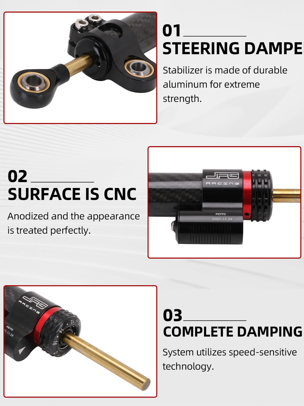 JFG RACING 6061-T6 aluminum damper offering strength with light weight.