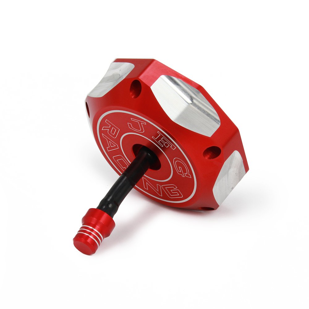 JFG RACING anodized red gas cap finish enhances visibility and corrosion resistance.