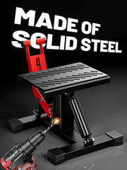 JFG RACING lift stand with handle enables single-person setup and positioning.