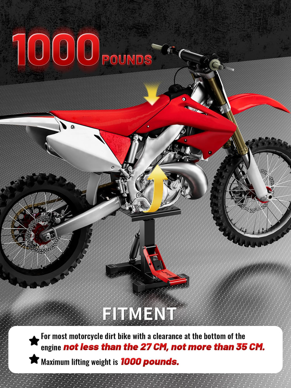 JFG RACING lift stand supports up to 1000 lbs for heavy dirt bikes.