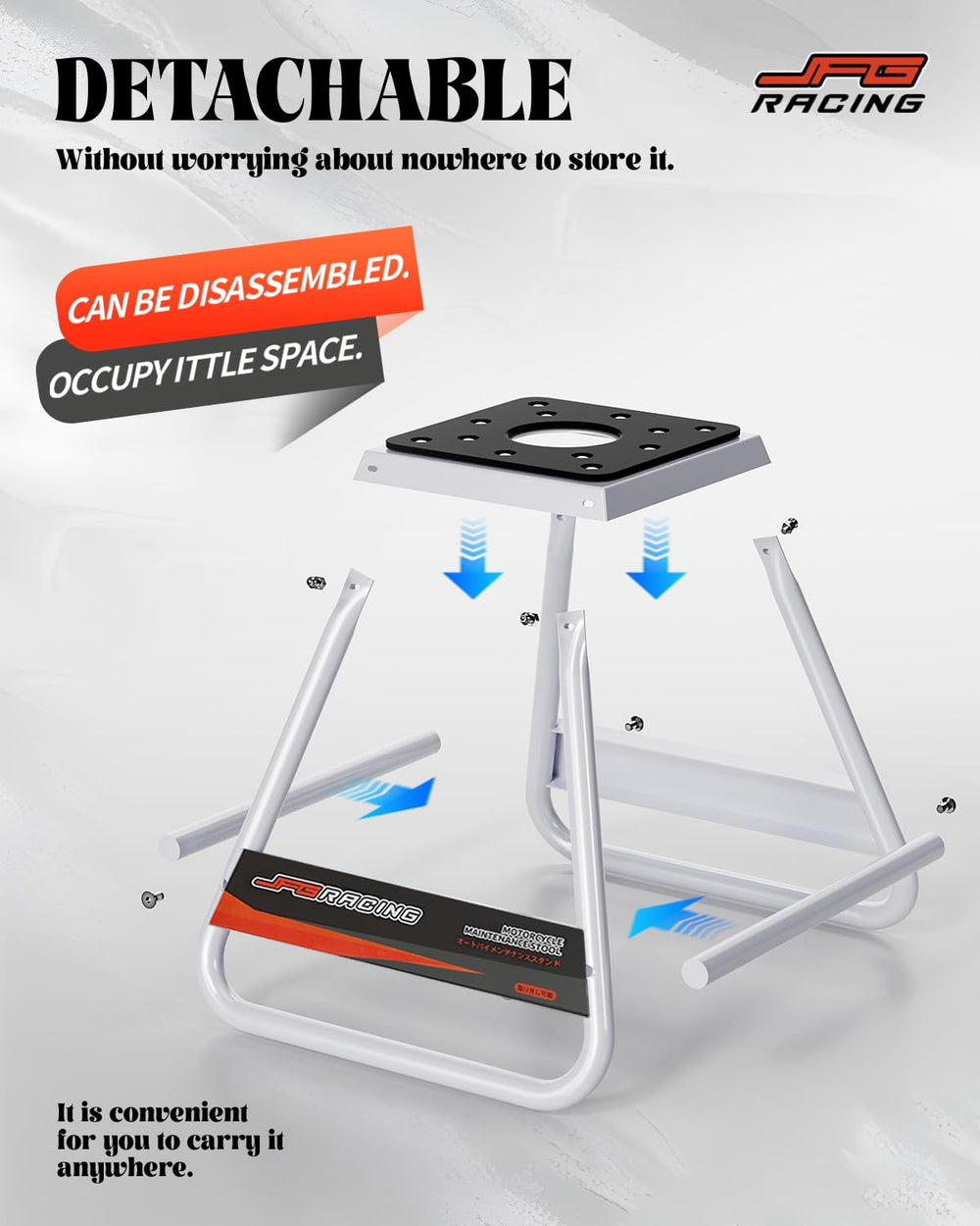 JFG Racing dirt bike stand detached for easy storage and portability
