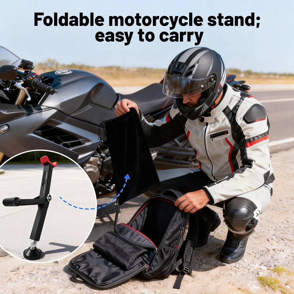 JFG RACING foldable pole motorcycle stand offers portable support for on-the-go repairs.