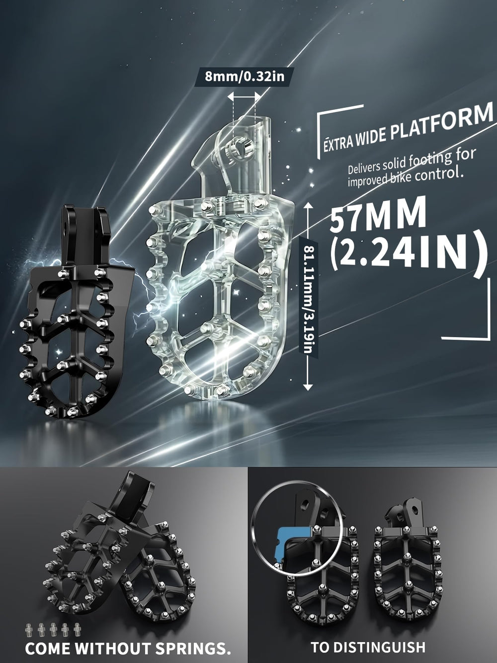 JFG RACING foot pegs screw teeth provide grip in wet or muddy riding.
