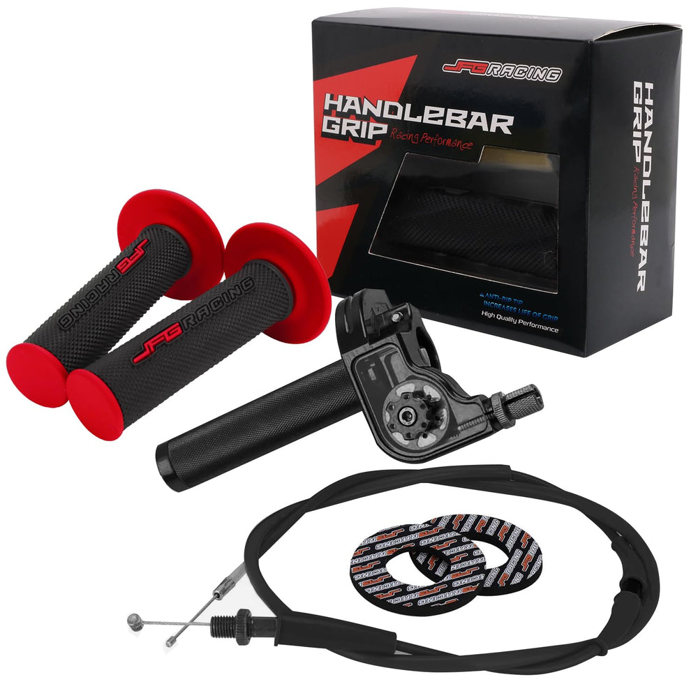 JFG RACING throttle assembly in black on 7/8 inch bars for dirt bikes, rugged and ready.