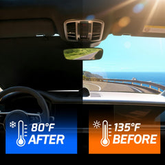 JHGFVC windshield shade with nano-reflective coating blocks heat.