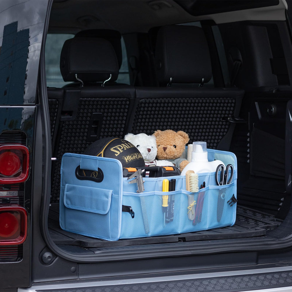 JiatuA Car Trunk Organizer with front and rear pockets for quick access to essentials.