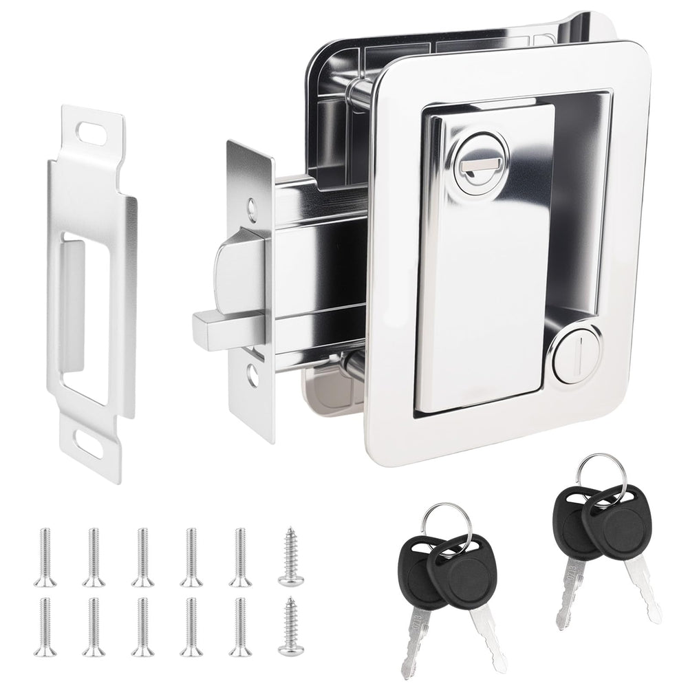 Jiimee Chrome RV door lock close-up shows durable zinc alloy and chrome finish