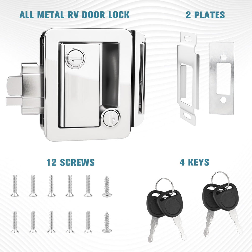 Jiimee Chrome RV door lock kit components including spacers and screws