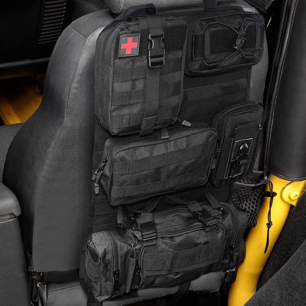 Jimikay backseat MOLLE panel with straps and buckles for secure installation.