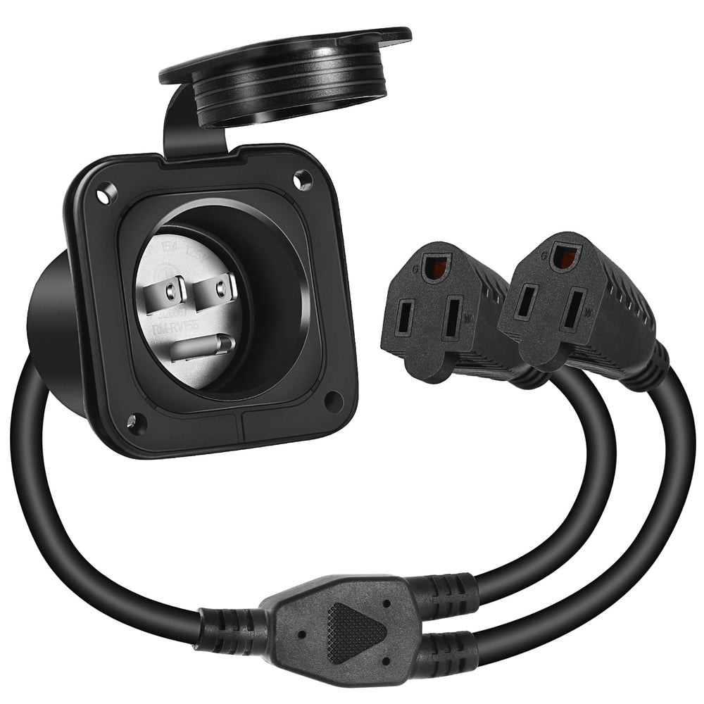 Jindouyun 15A inlet with dual 18-inch cords, ideal for RVs and trailers.