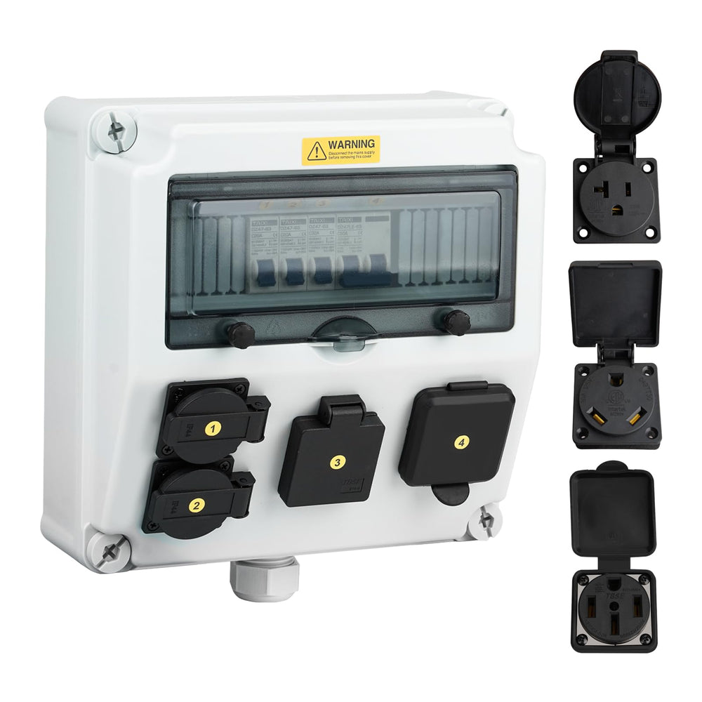JINDOUZI RV power outlet box front view showing weatherproof enclosure