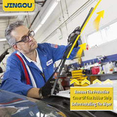 JINGOU wiper blades on vehicle demonstrating clear rain visibility.