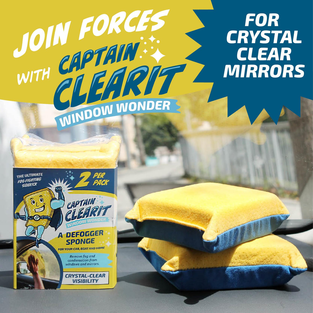 JJ KENT Captain ClearIt sponge on mirrors provides fog-free reflections.