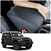 JKCover center console armrest cover on Jeep Wrangler JL showcases snug fit and premium PU leather.