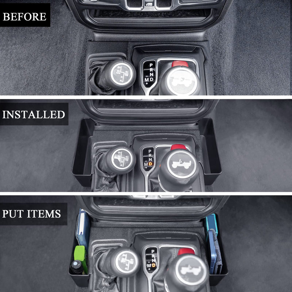 Passenger side storage area with JKCover tray beside center console gear