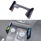 JKCover gear shift organizer tray installed in Jeep Wrangler JL shows side storage pocket and organized cabin