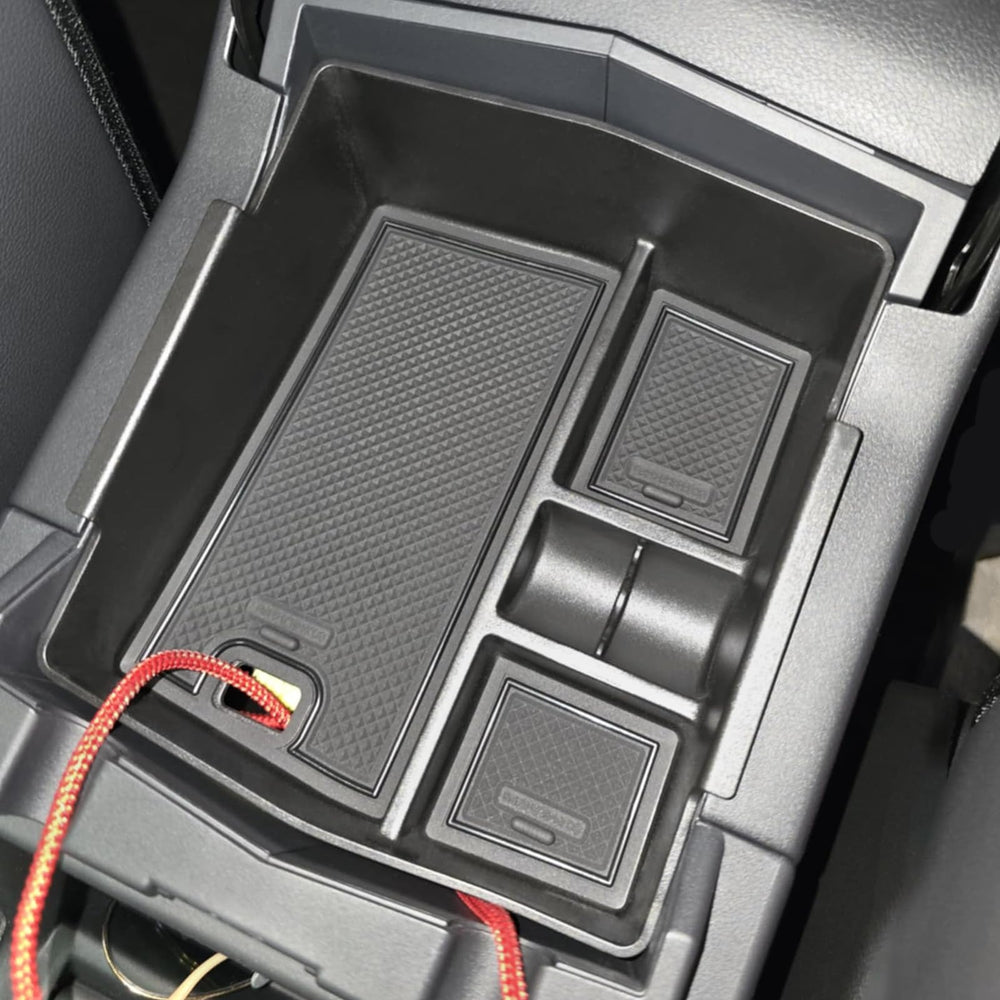 JKCOVER center console tray showing USB hole for tidy charging while driving.