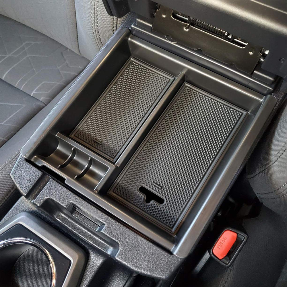 JKCOVER Tacoma center console tray in black trim provides organized storage