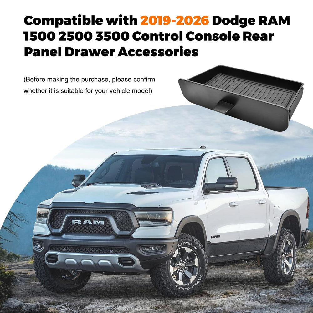 JLQP cubby tray with anti-slip pads securely placed in the Ram cabin