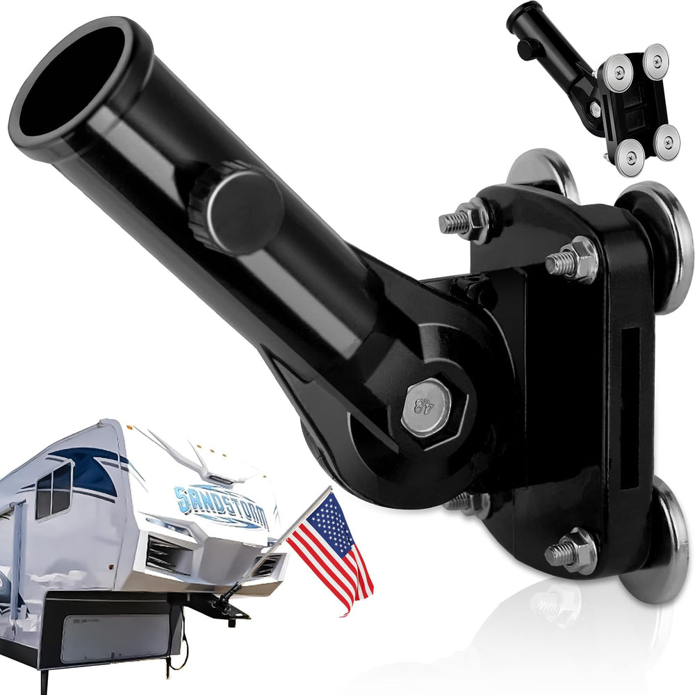 joaoxoko RV Flag Pole Mount demonstrates quick, tool-free installation using magnets.