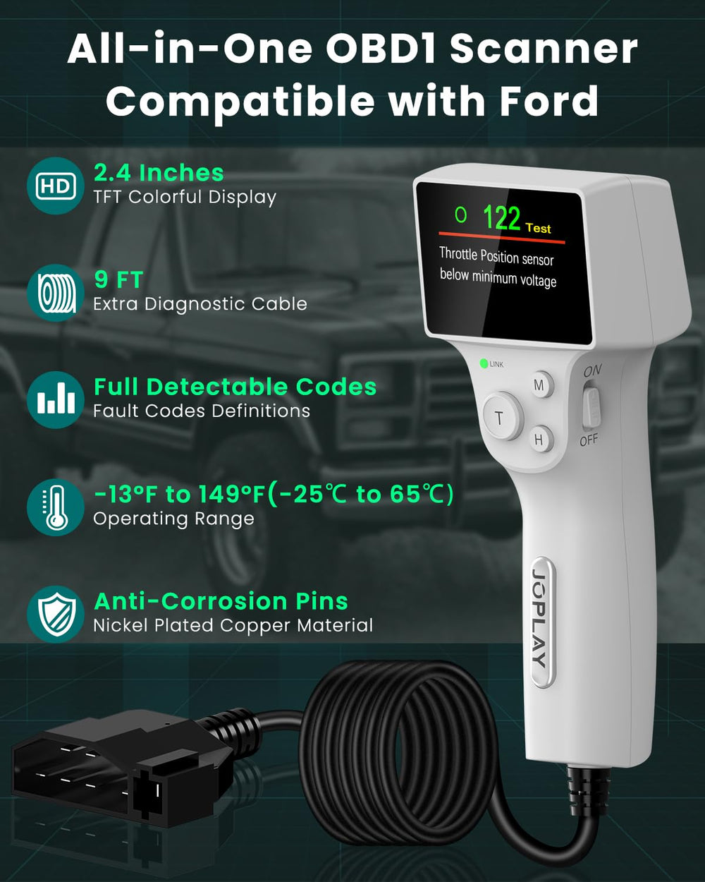JOPLAY OBD1 code reader features reinforced pins for durable connections.
