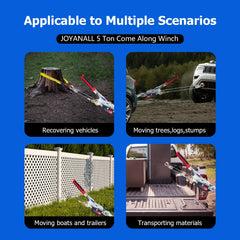 JOYANALL Come Along Winch eighteen-inch handle reduces effort for easier pulling.