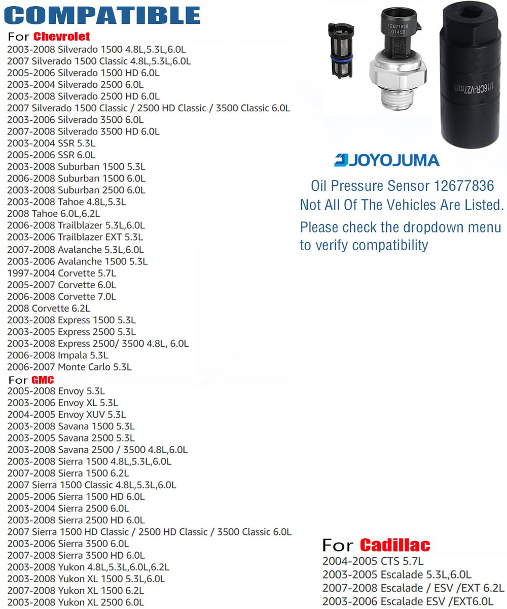 JOYOJUMA oil pressure sensor with filter kit ensures easy replacement.