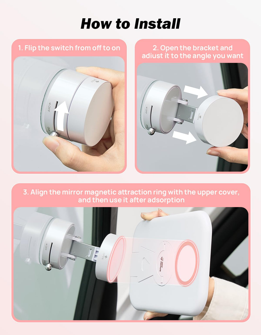 Joytutus 180-degree base tilt for comfortable makeup viewing.