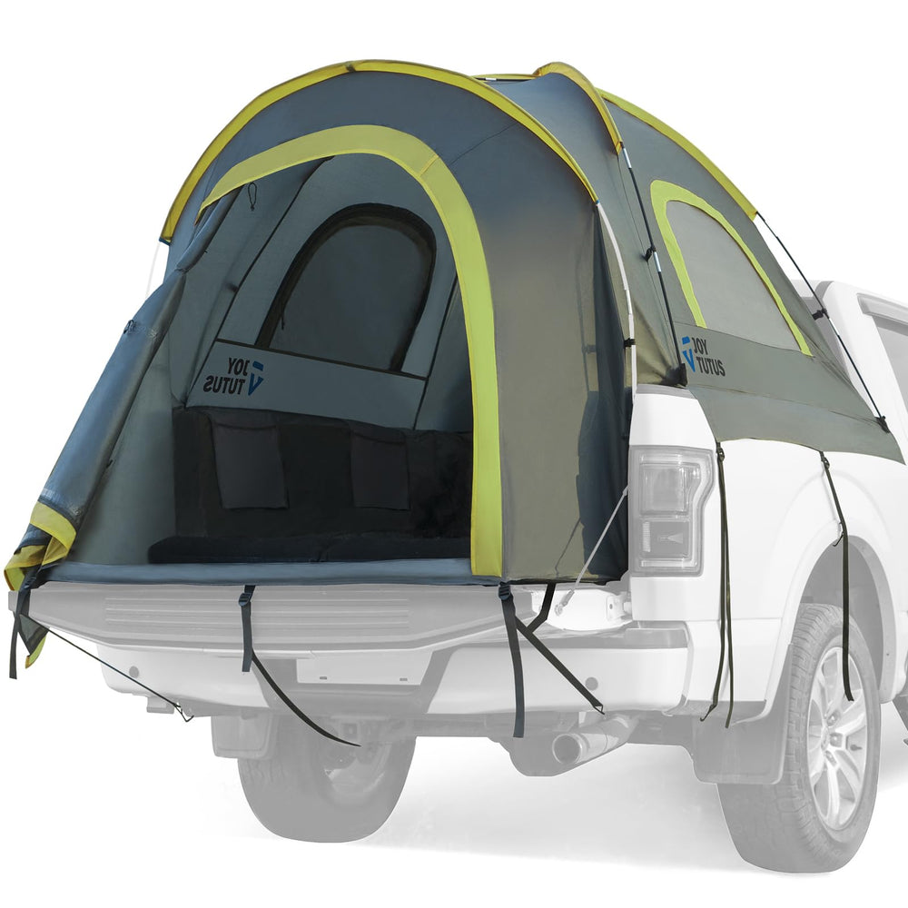 JOYTUTUS Pickup Truck Tent 2.0 front view, spacious interior for two with gear.