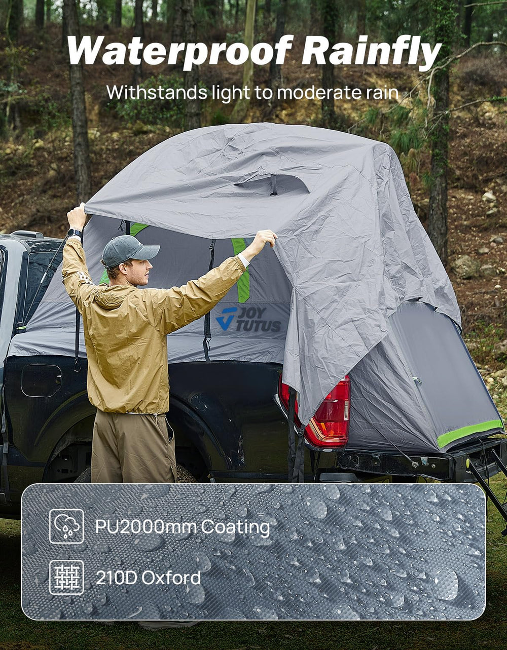 JOYTUTUS tent rainfly attached, providing waterproof protection in light rain.