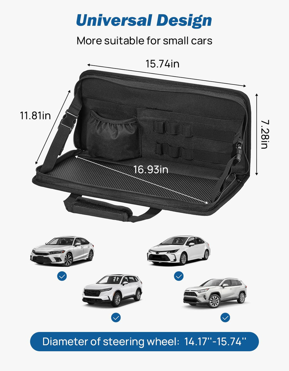 JOYTUTUS steering wheel tray retractable-straps offer easy angle and height adjustment.