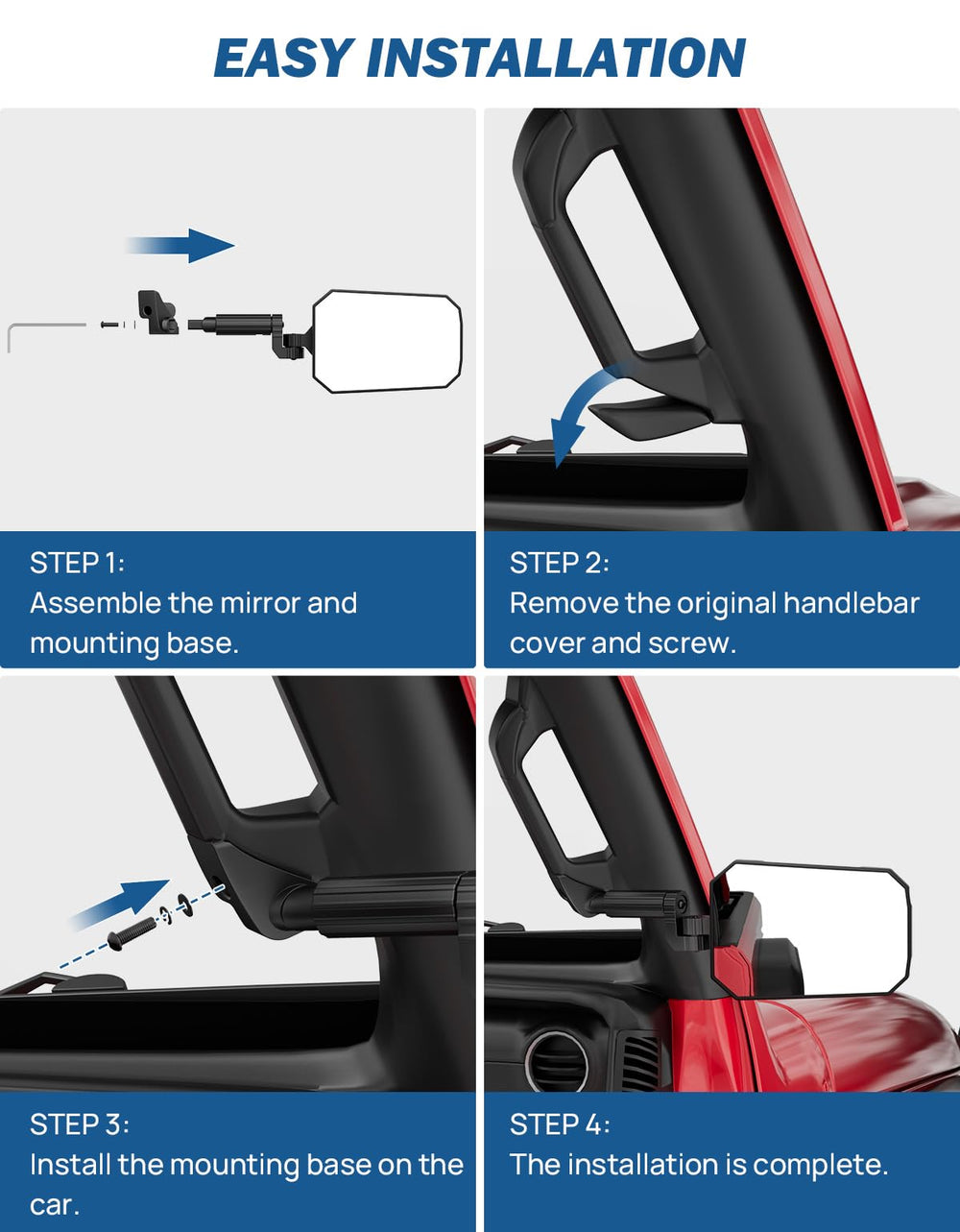 Joytutus side mirrors rotated 360 degrees for optimal side and rear visibility.