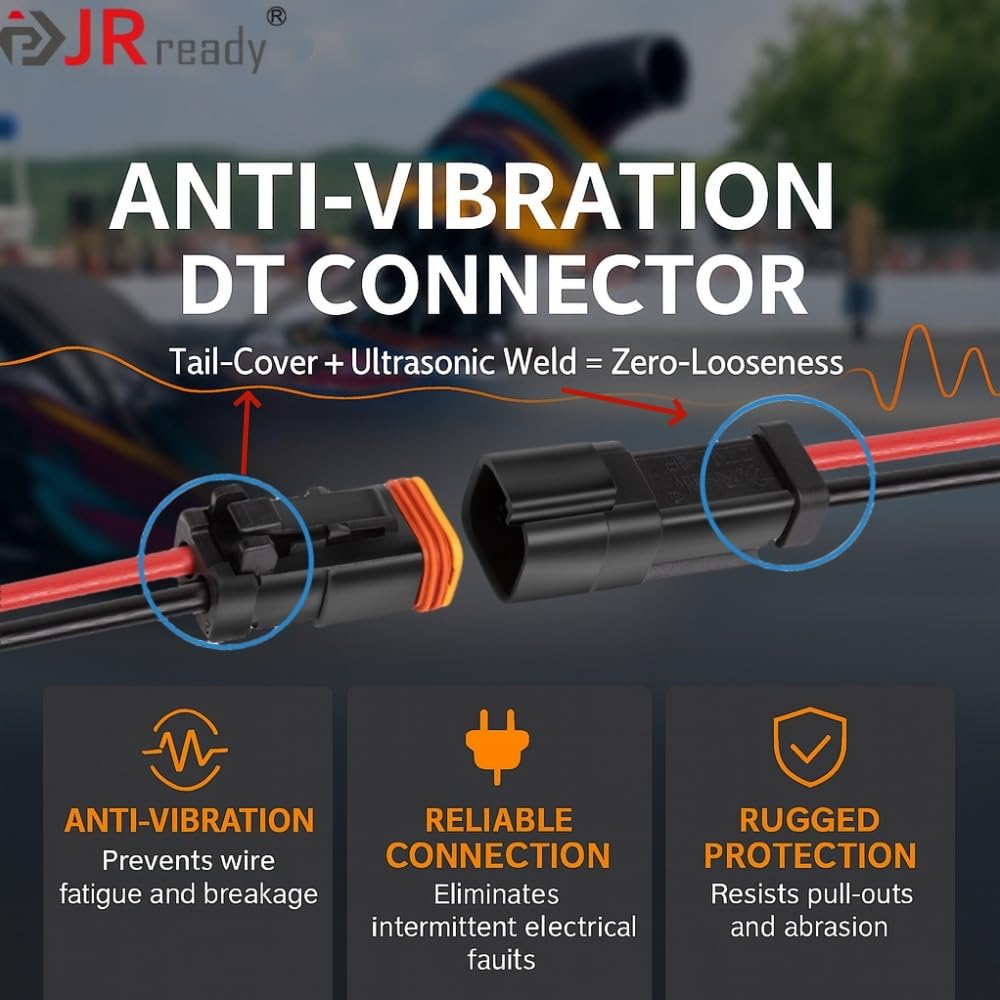 JRready DT04-2P-E005-14AWG close-up shows solid pins and sealing.