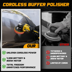 Jruav buffer polisher in use on a car panel for scratch removal and shine.