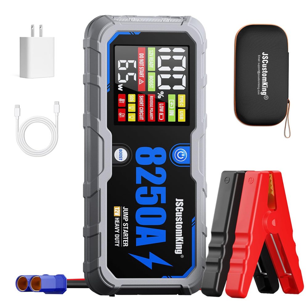 JSCUSTOMKING 8250A jump starter front view, ready for powerful car starts on the road.