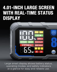 JSCUSTOMKING 8250A safety technology panel demonstrates spark-free and reverse polarity protection.