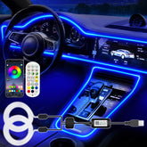 Jushope interior LED strip close-up showing vibrant fiber optic lighting for mood enhancement.