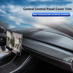 Justautotrim DIY-ready installation for Tesla Model 3/Y dashboard trim with double-sided tape.