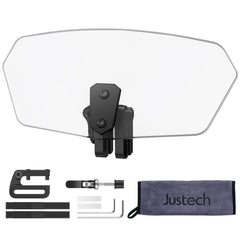Justech universal windshield fullview offers enhanced wind protection for long highway rides.