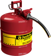 Justrite 5-gallon Type II red safety can with flame arrester for safer gasoline handling.