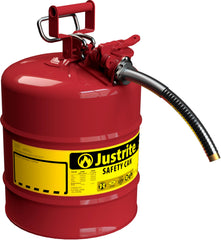 Justrite 5-gallon Type II red safety can with flame arrester for safer gasoline handling.