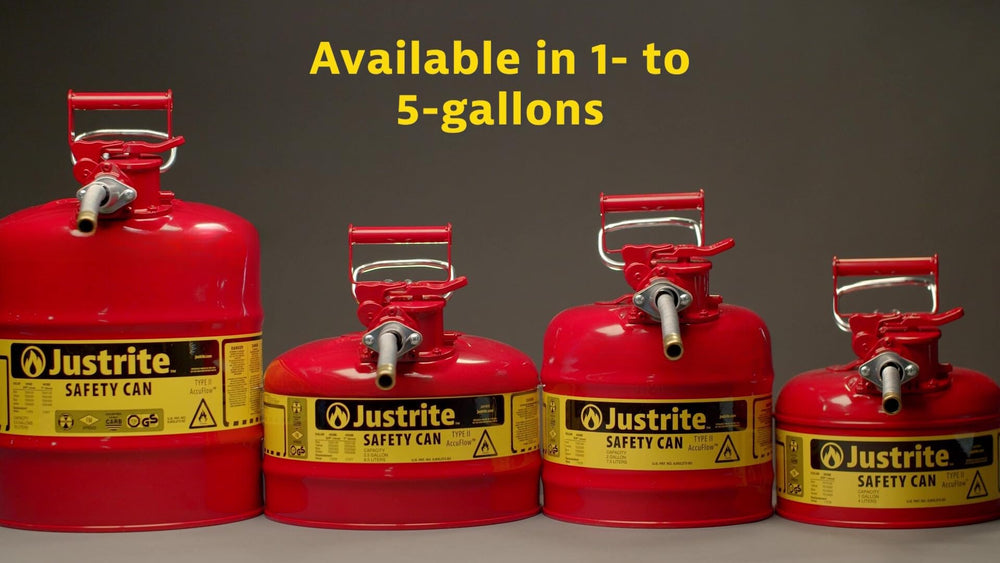Justrite Safe-Squeeze trigger provides controlled flow when handling flammable liquids.