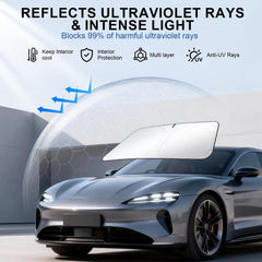 JUSTTOP Tesla Model 3/Y sunshade mounted on windshield reduces heat exposure.