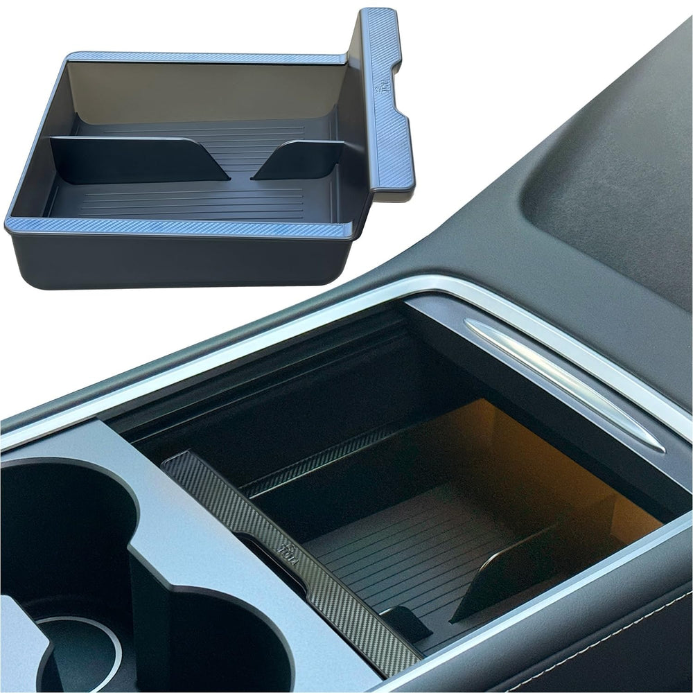 JVMA center console organizer for Tesla Model Y with backlight improves item finding.